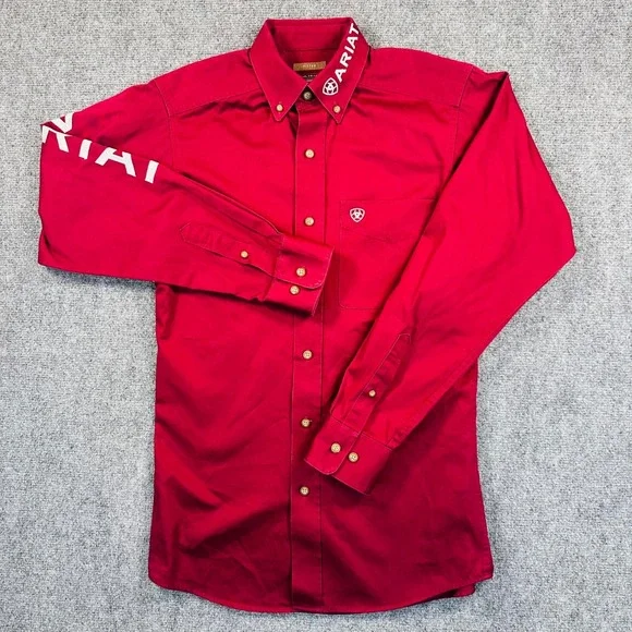 Ariat Men's XS Red Team Logo Twill Fitted Button Down Western Shirt Rodeo Cowboy - Picture 2 of 16